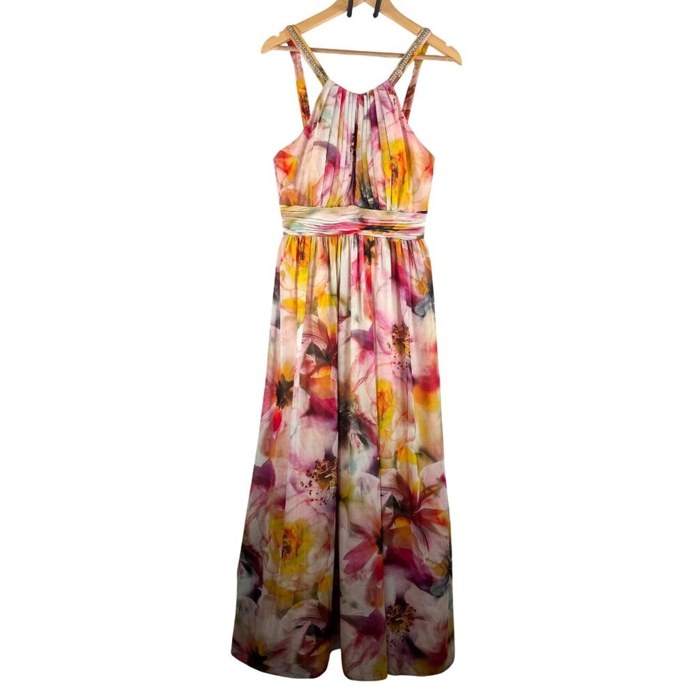 CACHE Chiffon water color ruffle ruched maxi colorful bridesmaid dress sz 6‎